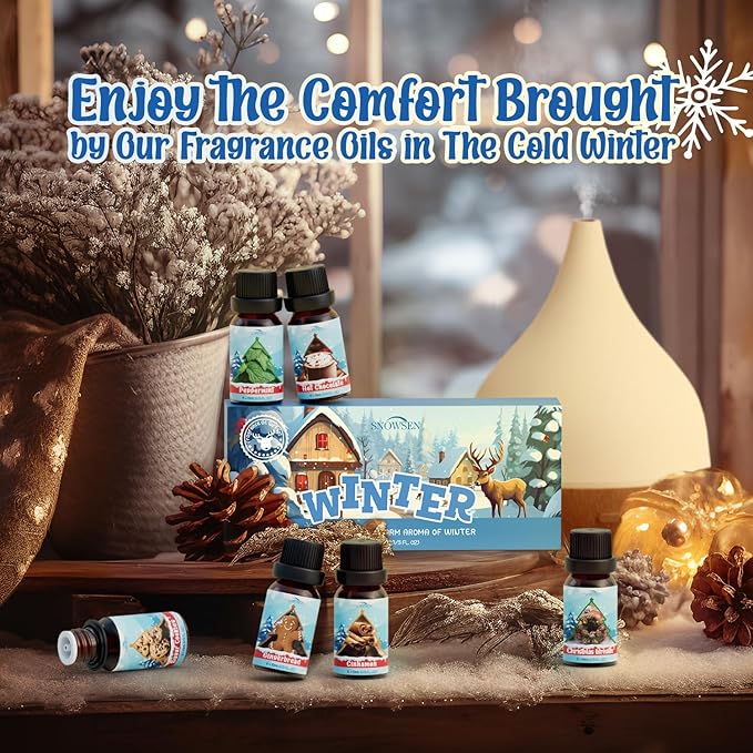 Winter Essential Oil Set, 6x10ml Fragrance Oils for Diffuser & Candle Making - Christmas Wreath, Gingerbread, Sugar Cookies, Hot Chocolate, Peppermint, Cinnamon Aromatherapy Oils for Home