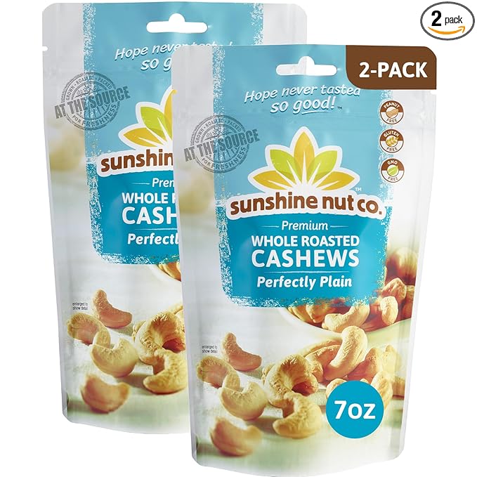 Sunshine Nut Company Whole Roasted Cashews, Perfectly Plain Flavor, No Added Salt, 2 Pack, 7 oz. Each, Gluten Free, Peanut Free and Vegan Individual Snack Packs for Kids and Adults, GMO Free
