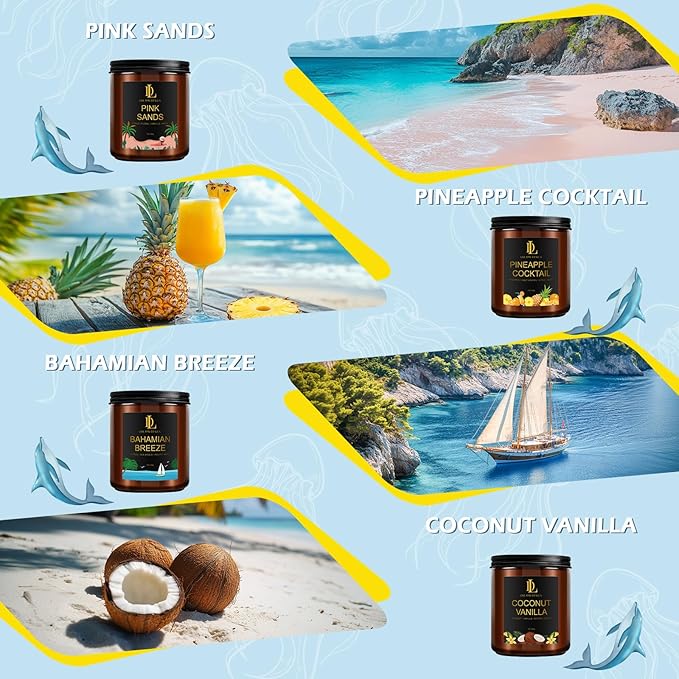 4 Pack Scented Candles Set, Natural Soy Candles for Home Scented, Gifts for Men Women Aromatherapy Candle Sets, Scents of Pink Sands/Coconut Vanilla/Bahamian Breeze/Pineapple Cocktail