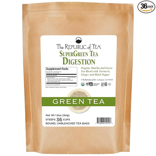 The Republic of Tea - Organic Digestion SuperGreen Tea Refill Bag, 36 Tea Bags, Naturally Caffeinated Japanese Matcha and Green Tea