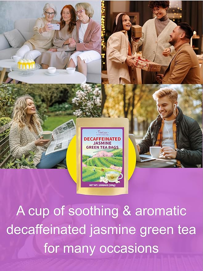 TeeLux Decaf Jasmine Green Tea Bags, Decaffeinated Jasmine Scented Green Tea, Pleasant Aroma & Smooth Taste, 100 Count