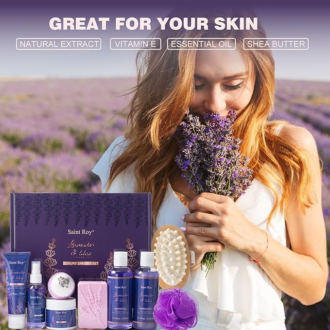 Bath and Body Gift Basket For Mother day Gift, Gifts for Her Birthday Gifts for Women, Lavender Relaxing Spa Gifts Basket Set, Christmas Gifts for Women Unique Idea for Mom Her with Massage Body Rush
