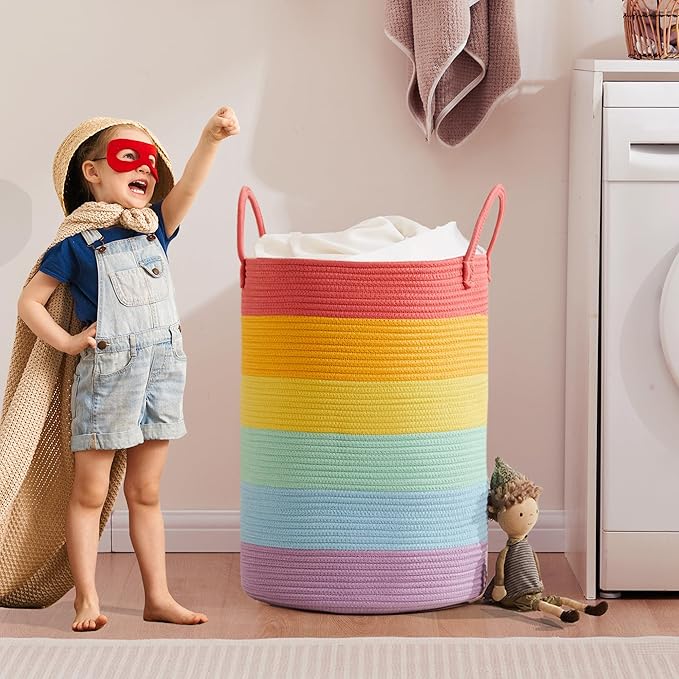 80L Extra Large Rainbow Laundry Hamper Basket for Girls Kids Tall Unicorn Baby Nursery Hamper for Clothes Woven Roper Blanket Toy Basket in Living Room Playroom Bedroom