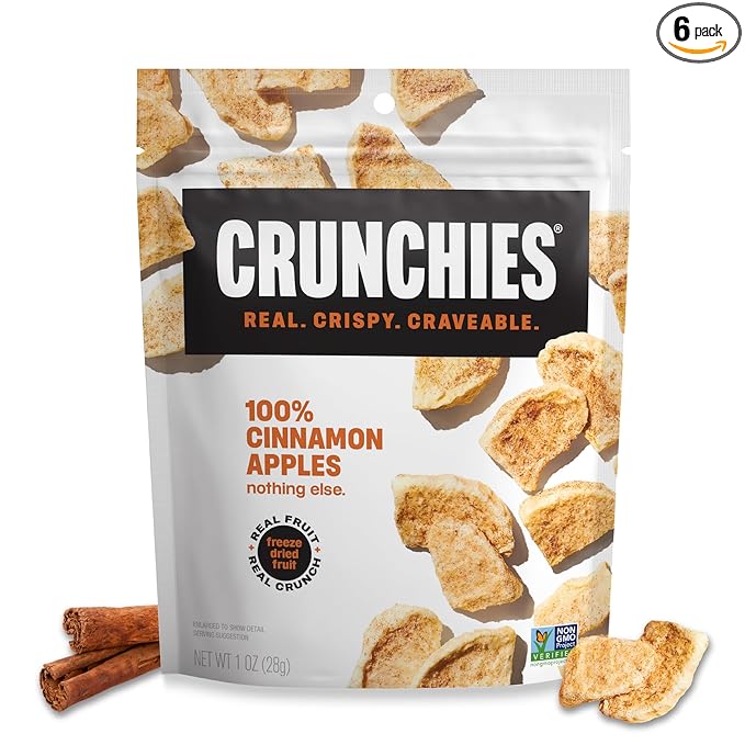 Crunchies Freeze-Dried Fruits, 100% All Natural Crispy Fruit, Non GMO and Kosher, Resealable Freeze Dried Fruit Snack Packs, Pack of 6 (Cinnamon Apple)