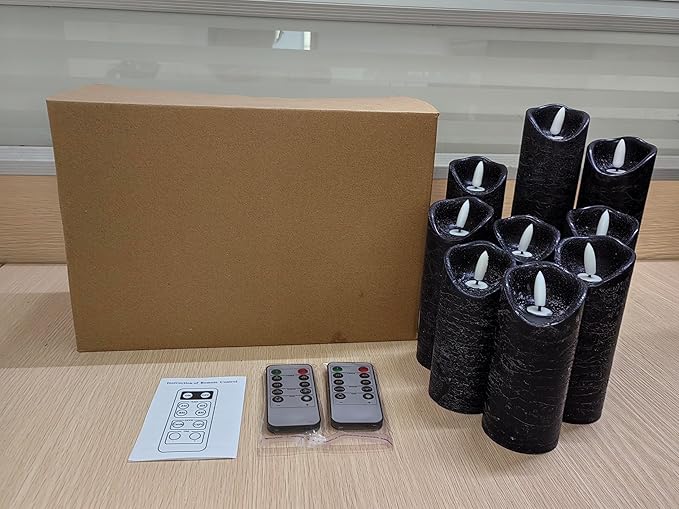 Hausware Set of 9 Flameless Candles Battery Operated LED Real Wax Flickering Electric Candles with Remote Control Timer for Wedding Birthday Halloween Christmas Decorations (Black Color)