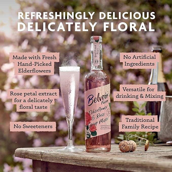 Belvoir Elderflower & Rose Cordial 500ml (Elderflower & Rose, Pack Of 1) – Floral Drink Mix, Made with Natural Elderflower and Rose Extracts, Perfect for Cocktails and Refreshing Drinks
