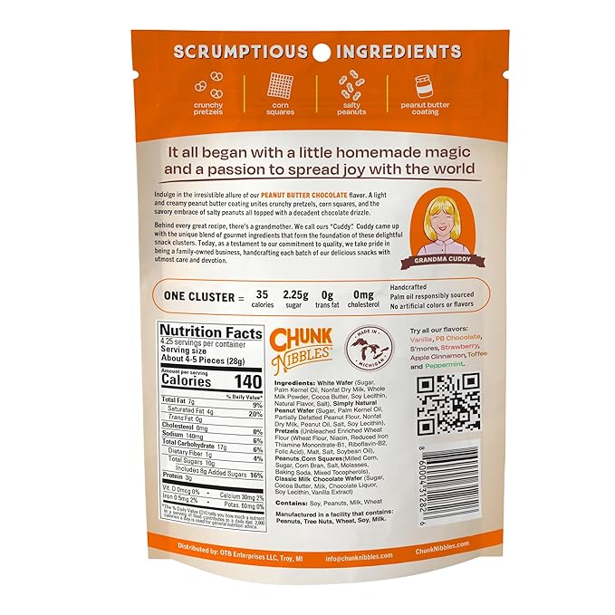 Chunk Nibbles Peanut Butter Chocolate Snack Clusters - Gourmet Sweet & Salty Treat with Pretzels, Peanuts & Corn Squares - Handcrafted, No Artificial Colors - 4.25oz Resealable Pouch (3 Pack)