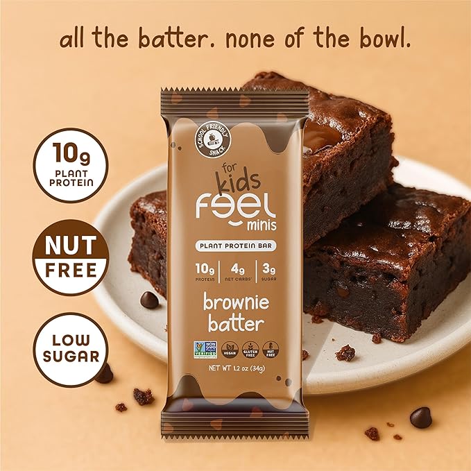 Feel Bar Minis – Kids Protein Bars | Brownie Batter – 12 Pack | 10g Plant Protein | 100 Calories | No Added Sugar | + Daily Veggies | Gluten Free, No Nuts, No Soy, No Dairy, No Grains