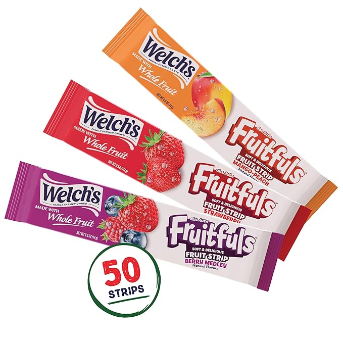 Welch's Absolute Fruitfuls Fruit Strips, Tasty Dried Fruit Snacks for School Lunches, Berry Medley,Mango Peach, Strawberry 0.5oz (Pack of 50)