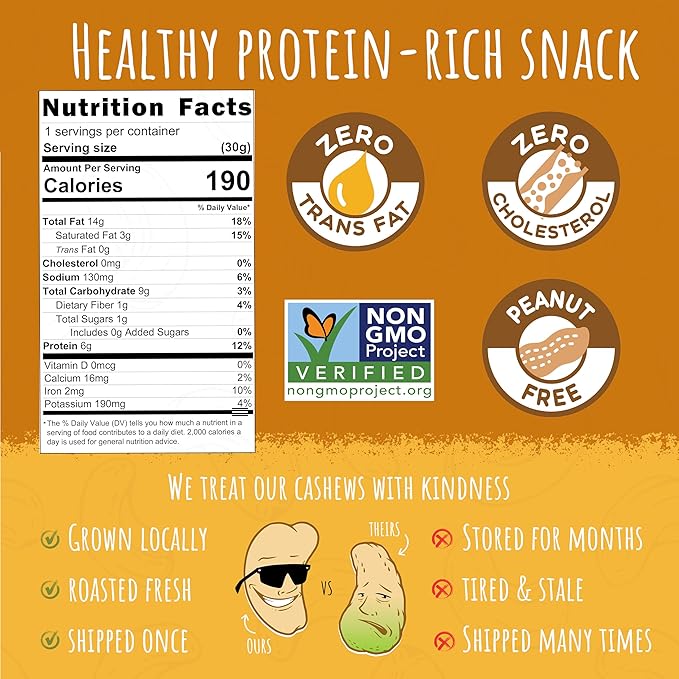 Sunshine Nut Company Whole Roasted Lightly Salted Cashews, Sprinkling of Salt Flavor, 12-Pack, 1.05 oz., Gluten Free, Peanut Free and Vegan Individual Snack Packs for Kids and Adults, GMO Free