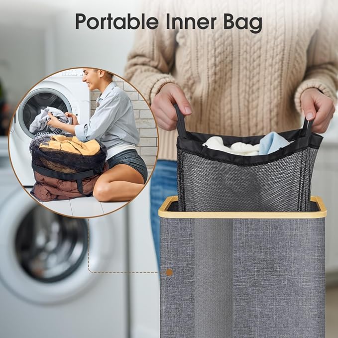 Laundry Basket Clothes Hamper with Lid and Pocket Large Collapsible Laundry Baskets with Handle, Freestanding Hampers for Bedroom Aesthetic, Dorm, Bathroom, Laundry Room (80L,Light Grey)