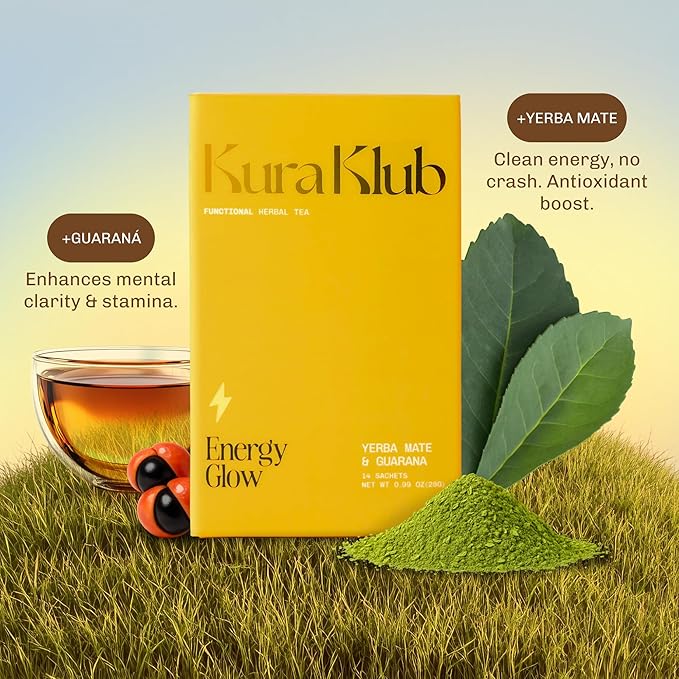 Kura Klub Yerba Mate Energy Glow Tea – Premium Energy Herbal Tea with Guarana, Ginger & Peppermint for Digestion, Gut Health & Satiety – Jitter-Free, No Crash – 3-in-1 Wellness Blend – Caffeine Alternative, No Microplastics – 14 Premium Teabags