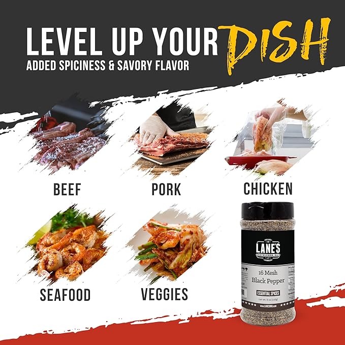 Lane's 16 Mesh Coarse Black Pepper Ground, 8 oz - Premium Coarse Ground Black Pepper Seasoning with Bold Flavor, Slow-Release Heat, Ideal for Grilling & Cooking, Gluten-Free Spice, No Preservatives