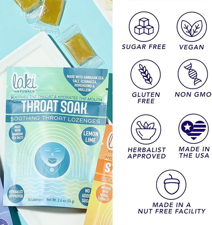 Laki Naturals Throat Soak Herbal Throat Lozenges (14 Ct) – Hawaiian Sea Salt Sore Throat & Dry Mouth Soothing Drops – Vegan, Non-GMO, Sugar-Free & Gluten-Free Sweet and Salty Herbal Candies