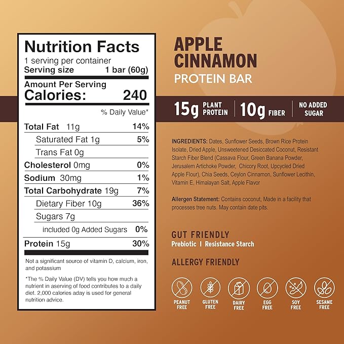 Amrita Nut Free Apple Cinnamon Vegan Protein Bars (12 Count) | 11g Plant-Based Protein Bar | Peanut Free, Gluten Free, and Dairy Free | Low Sugar, High Fiber, Healthy School-Safe Snacks