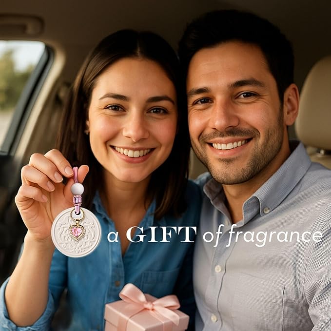 Luxury Car Air Freshener for Women - Refillable & Portable Essential Oil Fragrance Diffuser - Cute Car Accessories & Interior Decor - Mirror Hanging or Vent Clips - Pink Heart Charm, Rose Scent