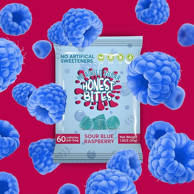 Honest Bites Low Sugar Sour Gummy Candy, Sour Blue Raspberry Flavor - Low Calorie, Keto Friendly, Low Sugar Snack for Diabetics, Zero Carb - 6 Pack