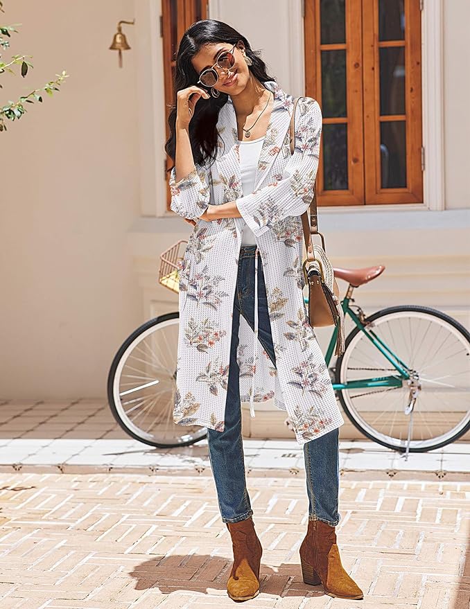 Ekouaer Robes for Women Waffle Knit Bathrobe Lightweight Kimono Robe Knee Length Loungewear with Pockets