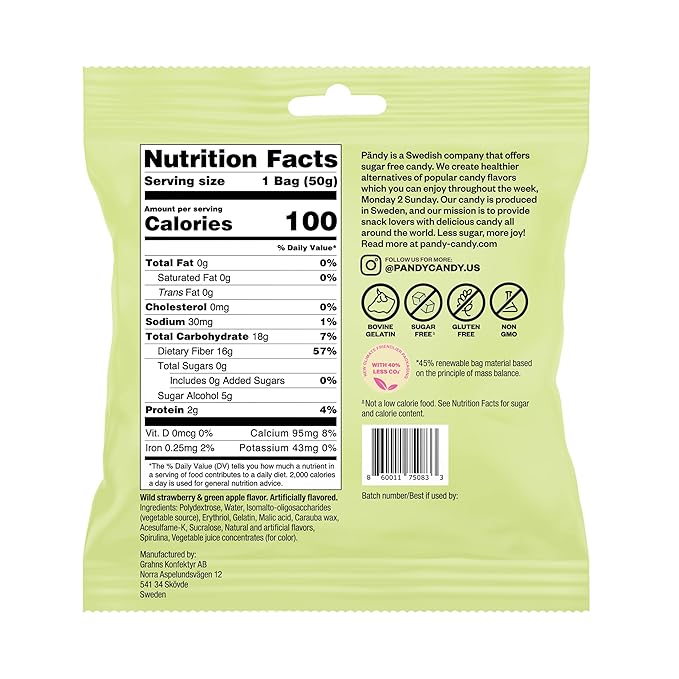 Pandy Swedish Candy Sugar Free Candy Wild Strawberry & Fruity Green Apple 14 Bags - Swedish Candy Mix - Diet Candy Keto Gummy Low Calories Snacks - Healthy Foam Sweets Fruity Chews 14 x 1.8oz