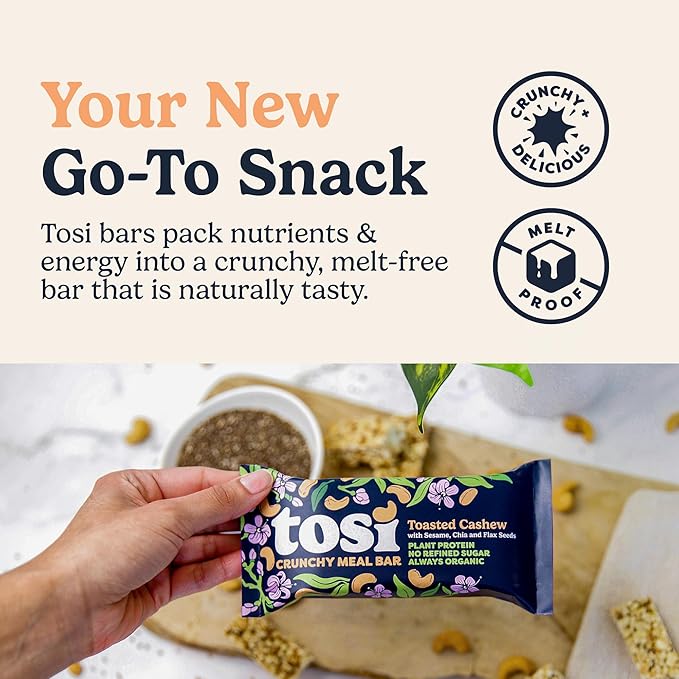 Tosi Meal Bars - Toasted Cashew, Crunchy Nut & Seed Vegan Snack Bars, 14g Plant Based Protein, Organic, Dairy, Soy & Gluten Free, Nutrient-Rich, Omega 3s, Flax and Chia Seeds, 2.4 oz, 12 Pack
