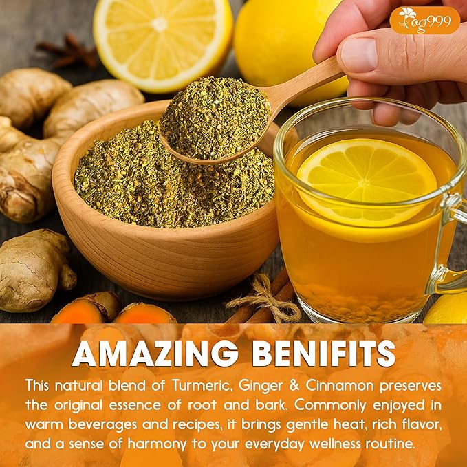 TOG999, Premium 6oz/100 cups Ginger Turmeric Cinnamon Loose Leaf Herbal Tea. Improve Digestion, Support Brain, Weight, Skin and Sleep. Premium Quality Spiced Blend. No Sugar, No Caffeine, No Gluten, Vegan.