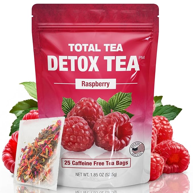 Total Tea SIimming Detox Tea Caffeine Free - 25 Day Detox - Herbal Tea with Chamomile, Hibiscus Tea & Ginger Root for Colon Cleanse – Natural Raspberry Herbal Tea