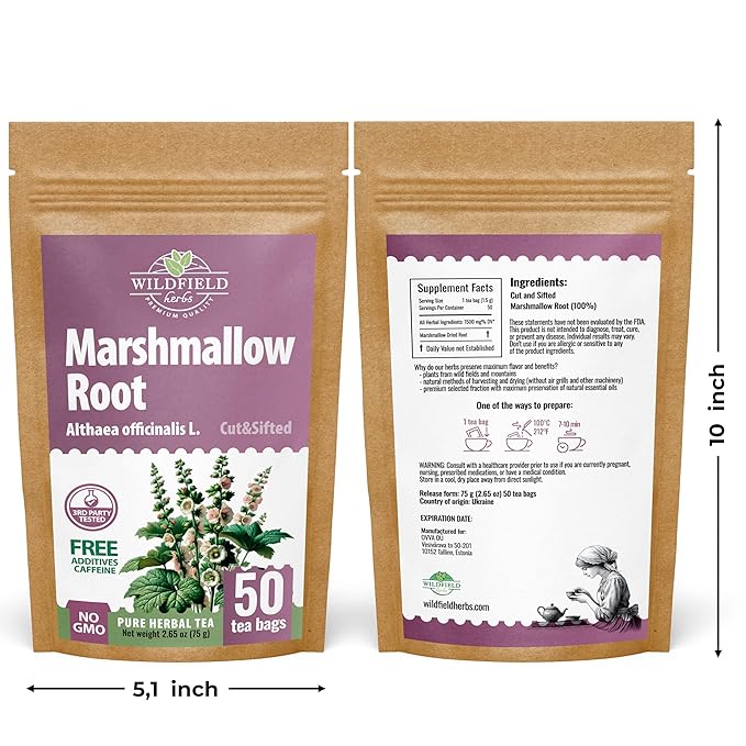 50 Bags Dried Marshmallow Root Tea Marshmallow Root Herb Herbal Tea (Althaea Officinalis) - 50 Count Bags Cut Sifted Herb Raíz De Malvavisco