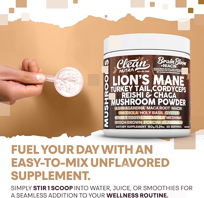 Clean Nutra Lion's Mane Turkey Tail Cordyceps Reishi Chaga Mushroom Powder + Ashwagandha Niacin Calm Stress Memory Adrenal Support Supplements Maca Rhodiola Holy Basil Apaptogen Supplement Unflavored