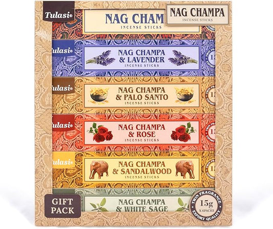 Tulasi Nag Champa Incense Sticks Gift Pack of 6, Hand Rolled Fragrance Incense Sticks for Aromatherapy, Relaxing, Yoga, Meditation, Prayer, Agarbatti Stick with Natural Oils, Thanks Giving (15gm x 6)