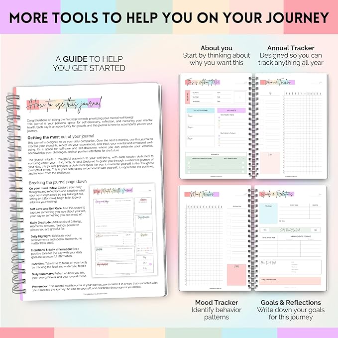 Mental Health Journal, A5 Rainbow, Daily Gratitude, Self Care, Intentions, Affirmations, Nutrition, Annual Tracker, Mood Tracker, Goals & Reflections