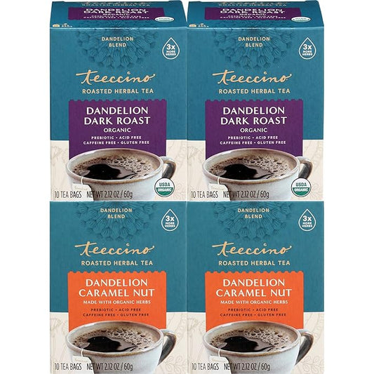 Teeccino Dandelion Dark Roast and Dandelion Caramel Nut Tea Variety Pack - Caffeine-Free, Roasted Herbal Tea with Prebiotics, Gluten Free - 10 Tea Bags (Pack of 4)
