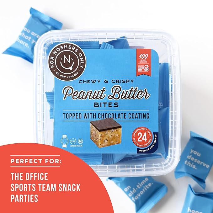 For Noshers Only - Peanut Butter Bites - Kosher Dairy Free Vegan Gluten Free Chocolate Peanut Butter Crispy Rice Treats - Sweet Snack Packs - Bulk Individually Wrapped Snacks for Office (Box of 24)