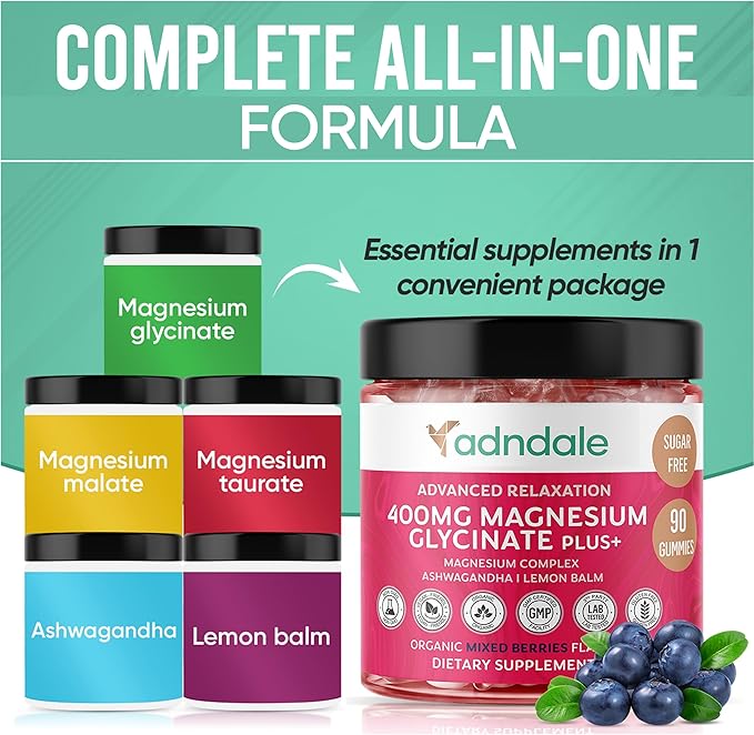 Adndale 90 CT Magnesium Glycinate Gummies 400 mg/Serv with Ashwagandha, Magnesium Malate & Taurate, Sugar Free Chews for Adults & Kids.