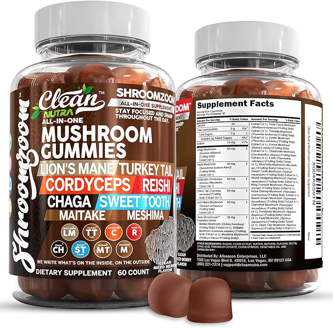 15in1 Mushroom Gummies with Lion's Mane Turkey Tail Cordyceps Reishi Chaga Sweet Toot Maitake Meshima Poria Cocos Shiitake Tremella, Oyster Agaricus Mushrooms for Men and Women Supplement Clean Nutra