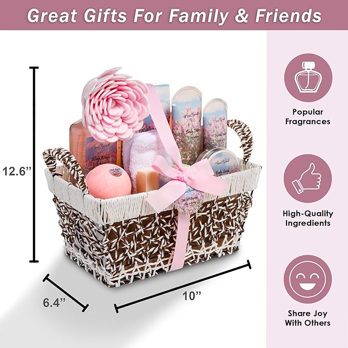Spa Baskets For Women - Luxury Bath Set With Lilac & Rose Oil - Spa Kit Includes Wash, Bubble Bath, Lotion, Bath Salts, Body Scrub, Hand Cream, Shower Puff, Bathbombs, Soap and Towel