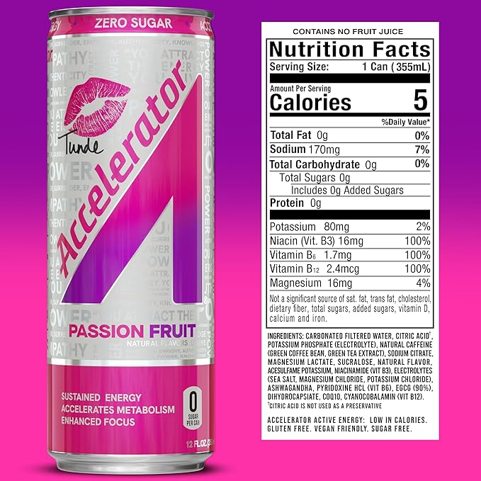 Accelerator Energy Drink Sugar Free, Passion Fruit Tunde 12oz can(12 pack), Zero Sugar Energy Drinks with Sustained Energy from 100% Natural Caffeine (200mg) & Green Tea extract