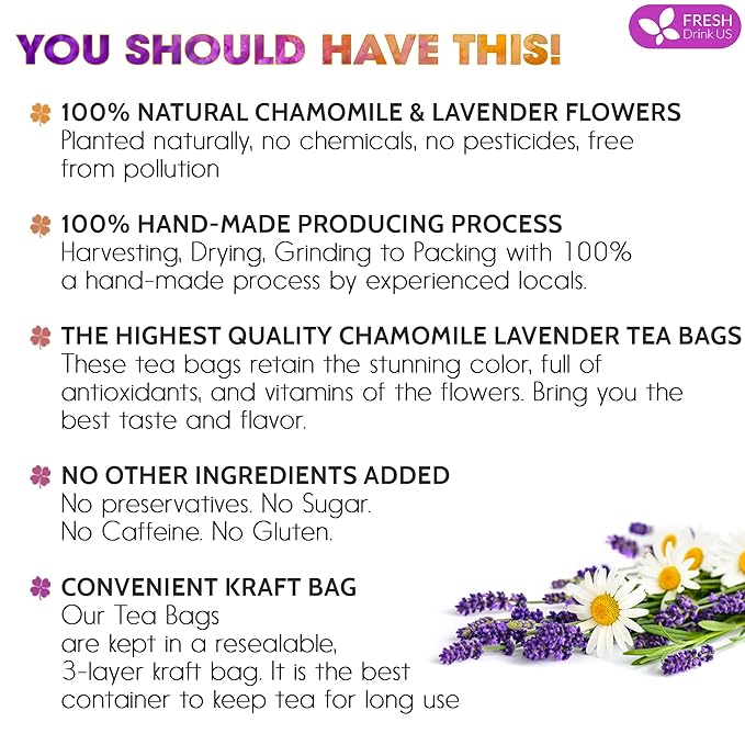 FreshDrinkUS, Premium 135 Chamomile Lavender Tea Bags, 100% Natural Herbal Ingredients, Hand-made Blend of Chamomile Lavender Flowers, Eco-conscious Tea Bags. No Sugar, No Caffeine, No Gluten, Vegan.