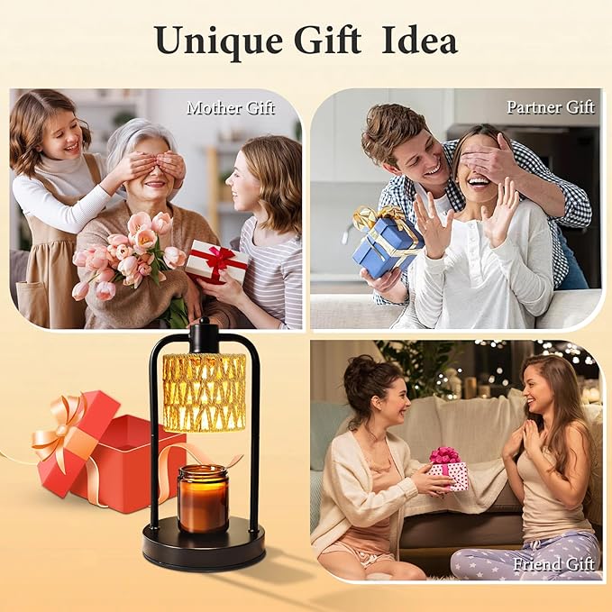 Candle Warmer Lamp with Light Timer: Electric Wax Melt Warming Lamps Dimmable for Jar Candles for Birthday Christmas Gift, Room, New House, Bedroom, Vintage Home Decor (Black + Brown Hemp Rope)