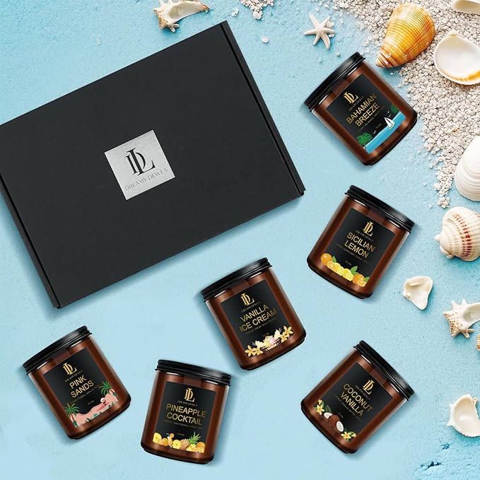 6 Pack Scented Candles Set, 42oz 300 Hour Long Lasting Candle, Soy Candles for Home Scented, Scents of Pink Sands/Coconut Vanilla/Bahama Breeze/Pineapple Cocktail/Sicilian Lemon/Vanilla Ice Cream