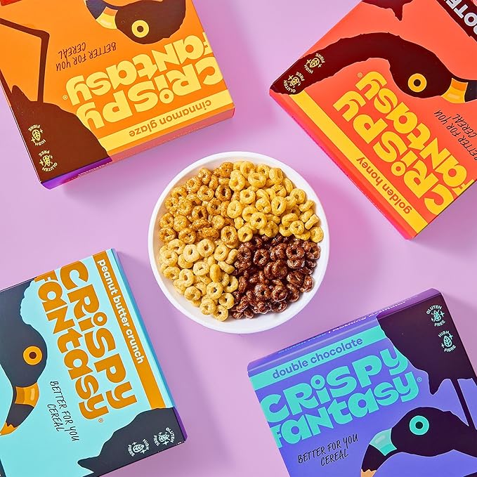 Crispy Fantasy High Protein Cereal, Variety Pack, Gluten Free, Vegan, Low Sugar, Protein Snacks, High Fibre, Plant Based, Just Add Milk, Healthy Breakfast for Kids & Adults, (4 Boxes x 9 Oz)