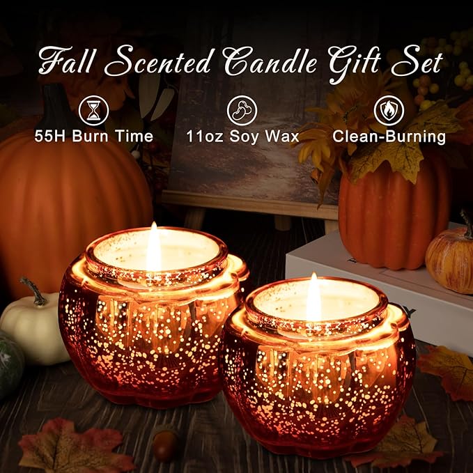 Lanpn Fall Scented Candle Gift Set 2 Pack, 22oz Pumpkin Glass Jar Candles Soy Wax, Thanksgiving Aromatherapy Candle, Autumn Fragrance Table Decor, Orange Votive Candles Holder Tabletop Centerpiece