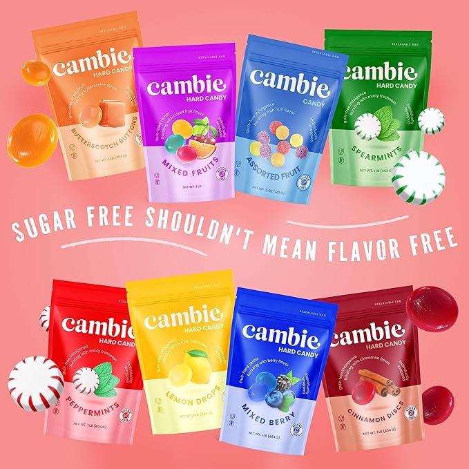 Cambie Sugar Free Mixed Fruit Hard Candy - 1 Pound of Individually Wrapped Sugar Free Hard Candy, Assorted Fruit Flavors with Cherry, Lime, and Orange, Keto & Diabetic Friendly