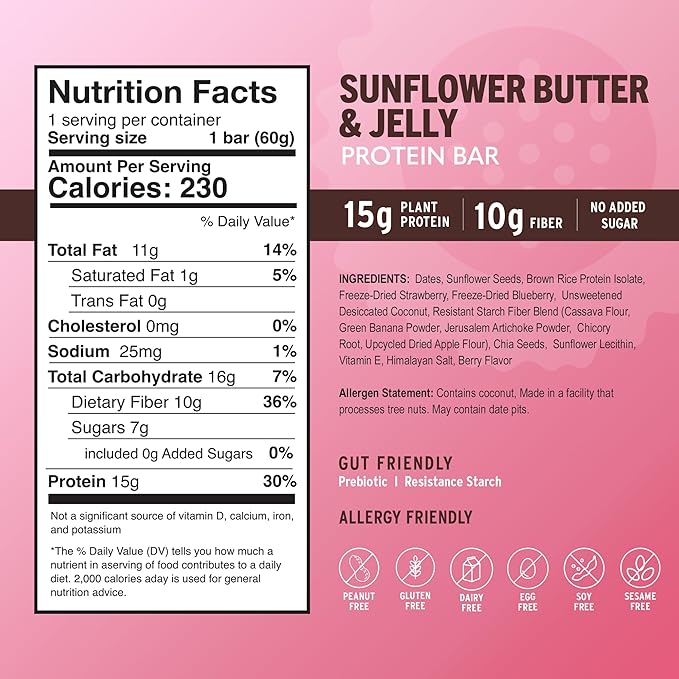 Amrita Nut Free Sunflower Butter & Jelly Vegan Protein Bars (12 Count) | 11g Plant-Based Protein Bar | Peanut Free, Gluten Free, and Dairy Free | Low Sugar, High Fiber, Healthy School-Safe Snacks