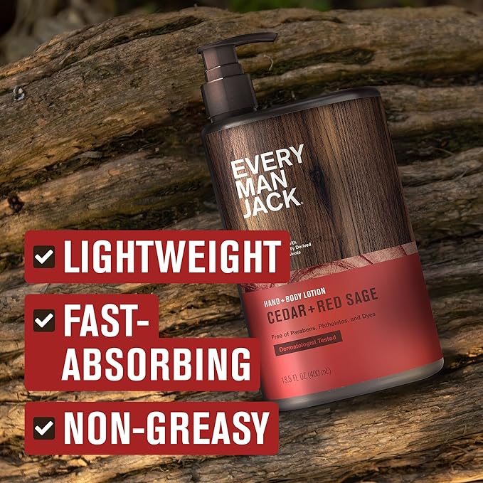 Every Man Jack Mens Cedar+ Red Sage Hand & Body Lotion for All Skin Types - Dermatologist Tested & Hypoallergenic - Nourish Skin with Lightweight Fast Absorbing Lotion - 13.5oz (2 Pack)