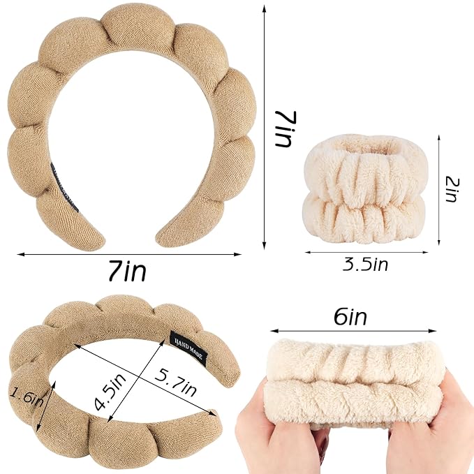 Zkptops Spa Headband for Washing Face Wristband Set Sponge Makeup Skincare Terry Cloth Bubble Soft Get Ready Hairband for Women Girl Puffy Padded Headwear Non Slip Thick Hair Accessory(Brown)