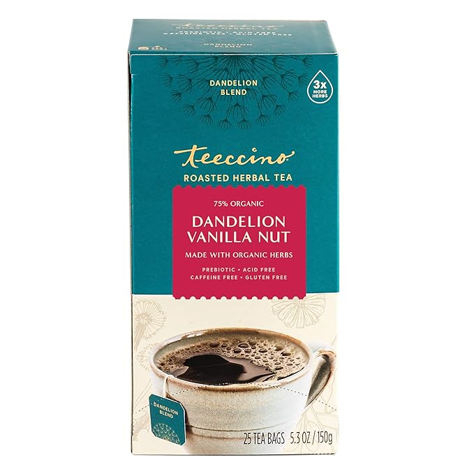 Teeccino Dandelion Herbal Tea - Vanilla Nut - Caffeine Free, Prebiotic, Gluten Free, 3x More Herbs - 25 Tea Bags