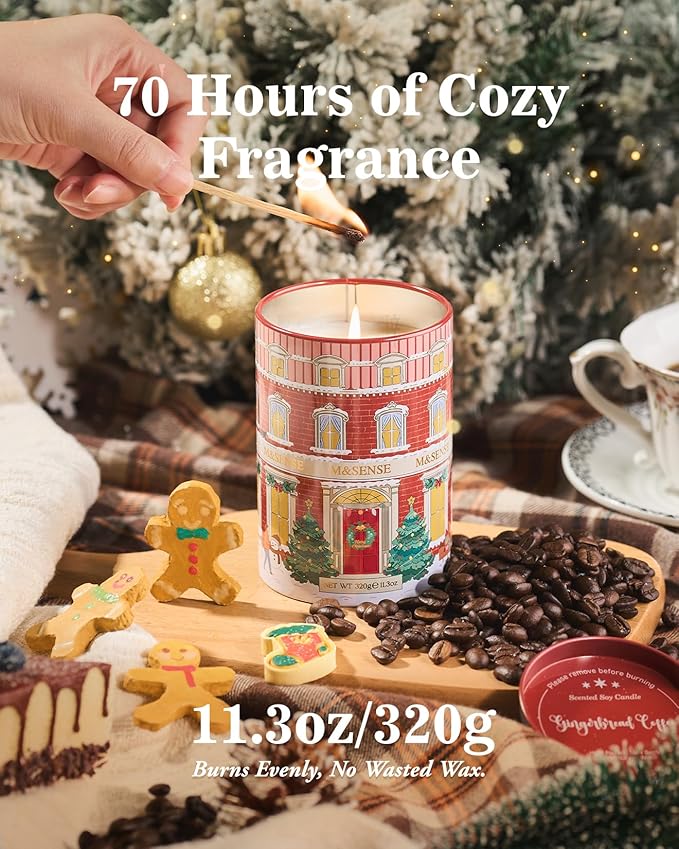 M&SENSE Gingerbread Coffee Christmas Candles, Aromatherapy Candle for Stress Relief Meditation Relaxing, Housewarming Gifts for Women Men, 11.3oz 70 Hour Long Burning