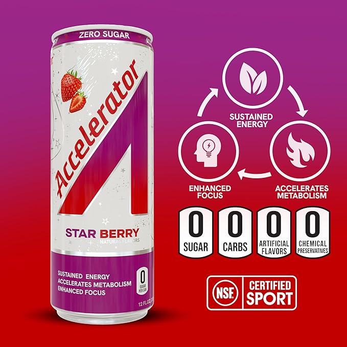 Accelerator Energy Drink Sugar Free, Star Berry 12oz can(12 pack)Zero Sugar Energy Drinks with Sustained Energy from 100% Natural Caffeine (200mg) & Green Tea extract