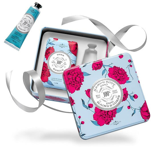 La Chatelaine Shea Rose Triple Milled Bar Soap and 20% Shea Butter Hand Cream Gift Set, Gift for Mom, Decorative Tin, Plant-Based, Natural & Organic, Made in France (7 oz. soap bar, 1 oz. hand lotion)