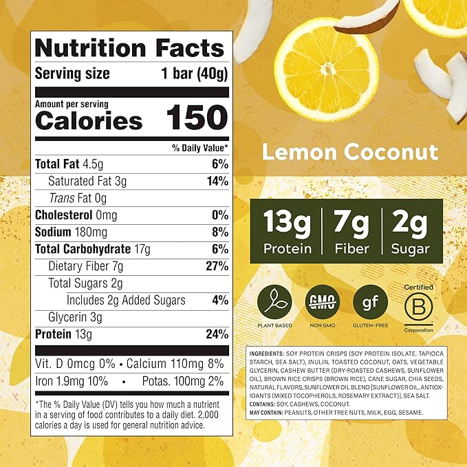 Simply Protein - Lemon Coconut Crispy Bars - Plant Based Protein Bars - Low Carb, Low Sugar, High Fiber - 13g Protein, 2g Sugar, 7g Fiber - Vegan, Gluten Free, Non GMO, Kosher - 12 Bars